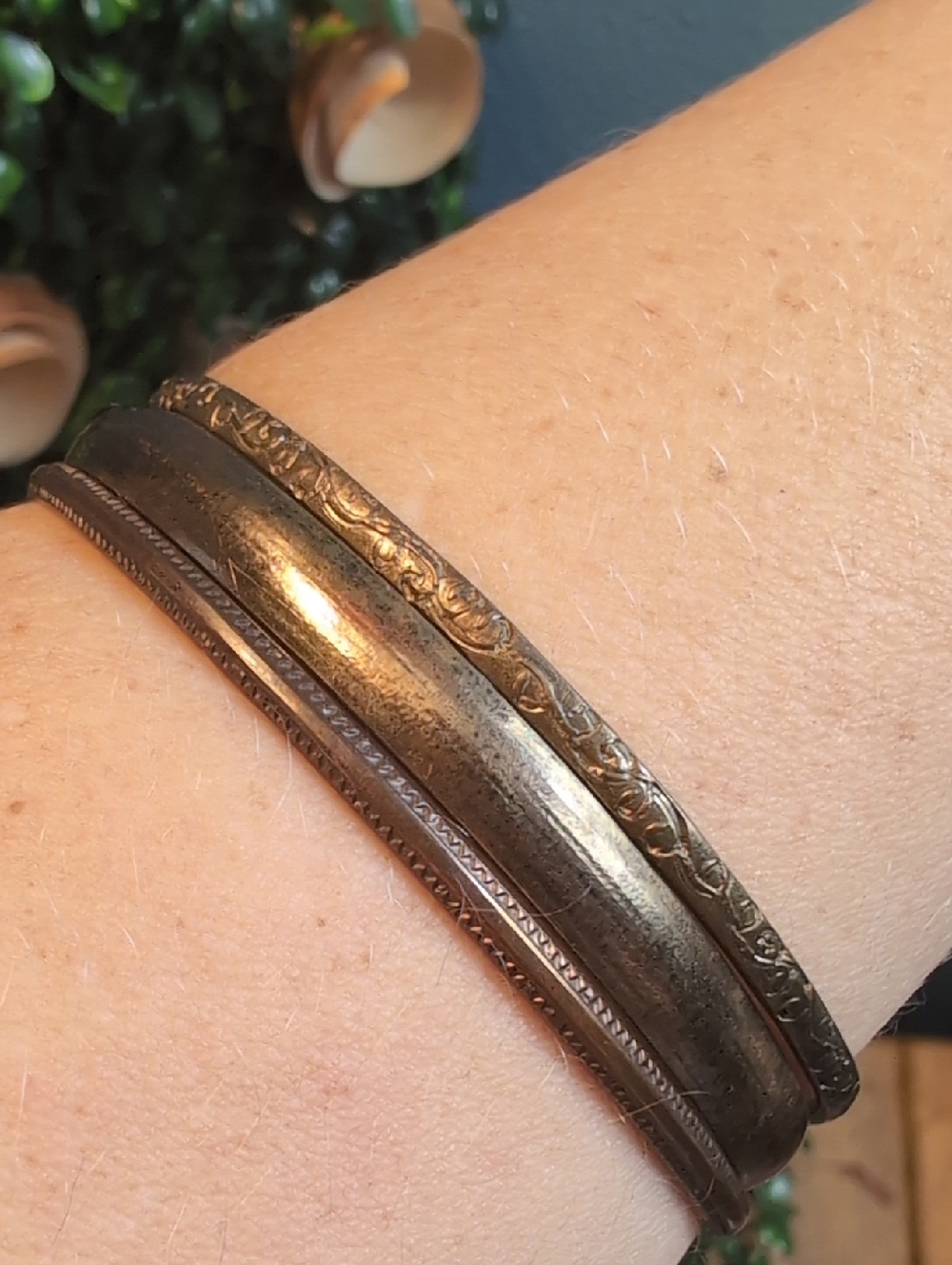Stacked Engraved Metal Bangle Bracelets - Antique Bronze Tone